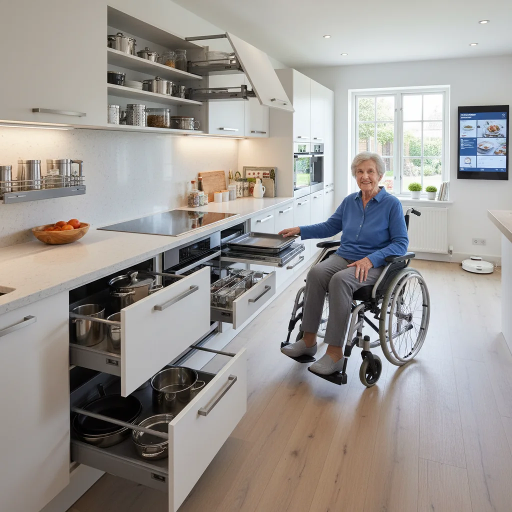 Elderly woman in wheelchair using accessible kitchen