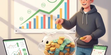 Illustration of a person saving money into a piggy bank, symbolizing financial growth and reaching a 15% savings goal by 2026.