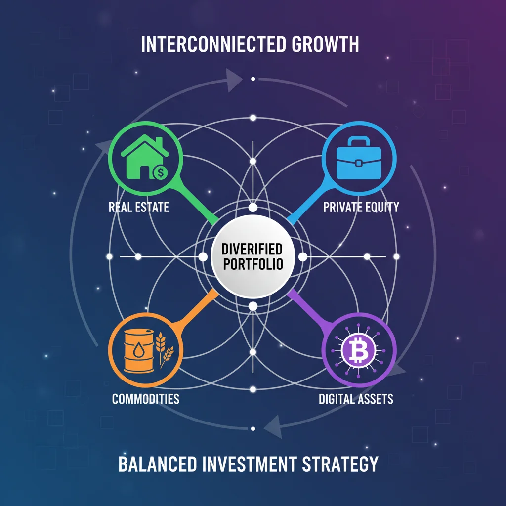 Infographic depicting a balanced and diversified investment portfolio with various asset classes.