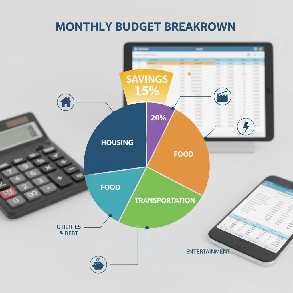 Infographic illustrating a balanced budget with a 15% allocation for savings, demonstrating effective financial planning.