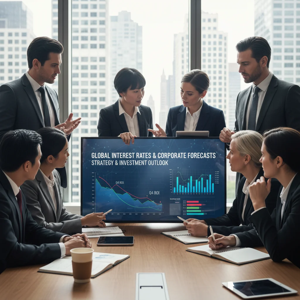Business team analyzing economic data and interest rate charts, illustrating corporate response to Fed rate changes.