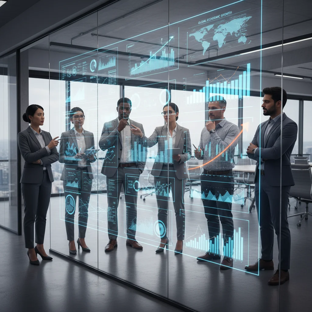 Business team analyzing economic data and future projections