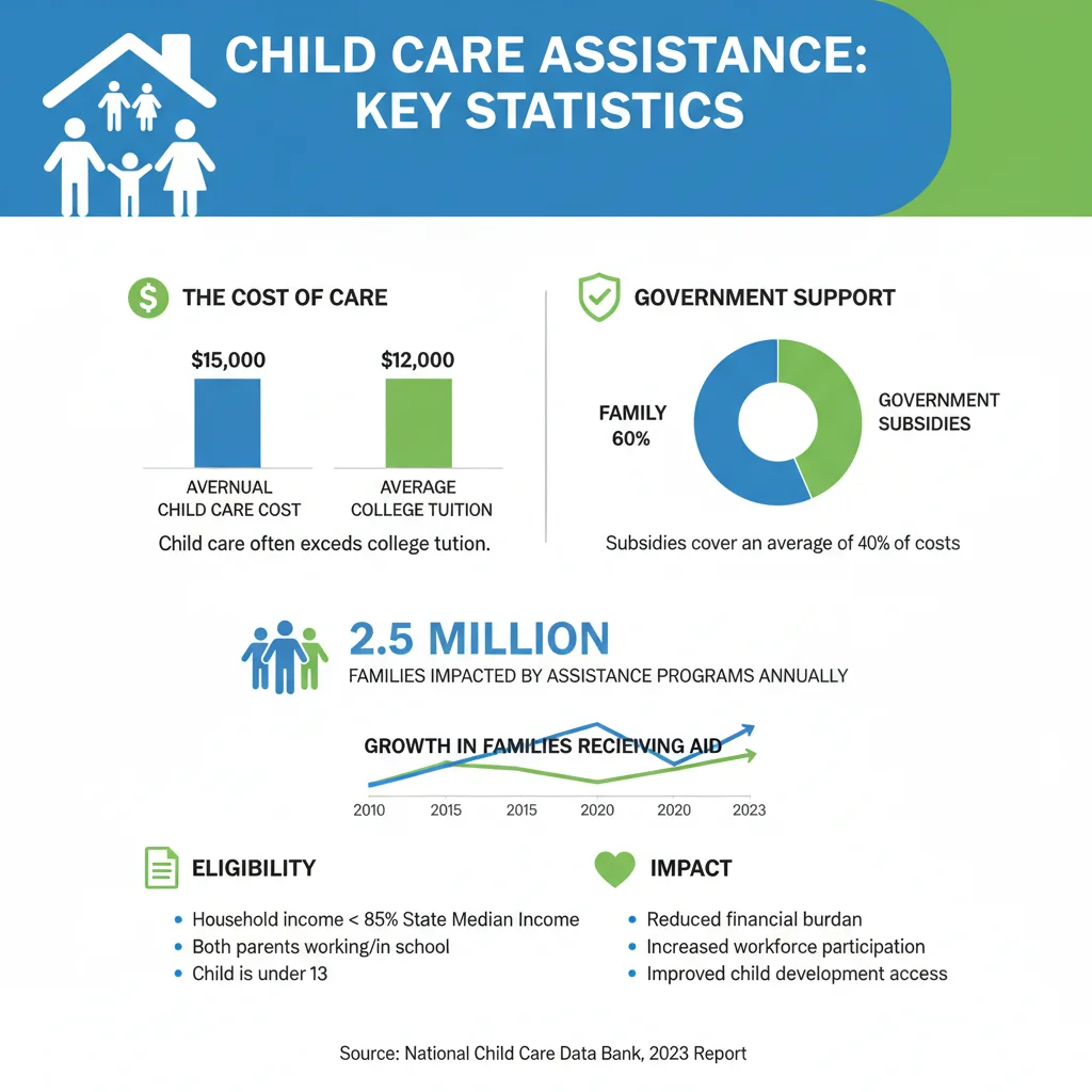 Infographic detailing child care assistance program statistics and financial impact on families.