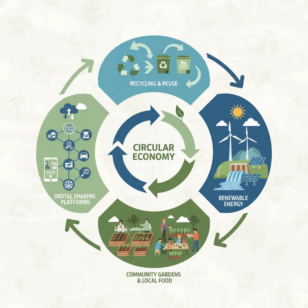 Infographic illustrating the interconnected elements of a circular economy for social good.