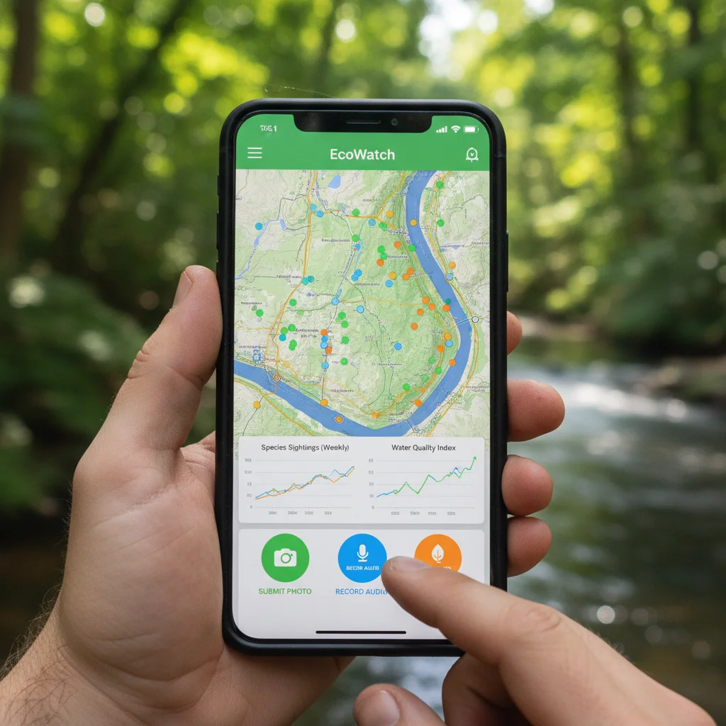 Smartphone displaying citizen science app with map and data input