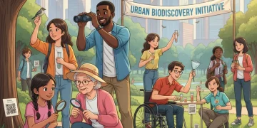 Diverse group engaged in outdoor citizen science activities, urban park background