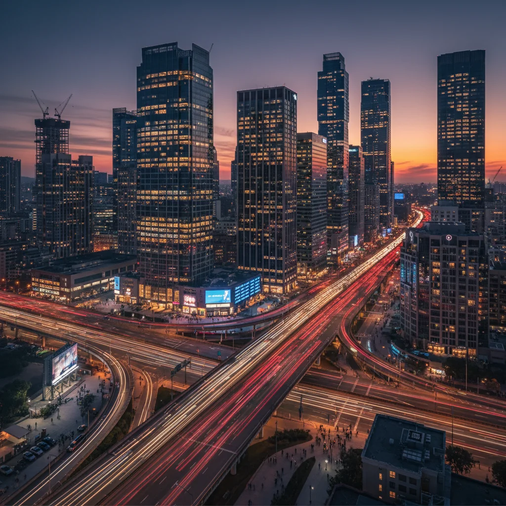 Vibrant cityscape at dusk symbolizing economic activity and growth