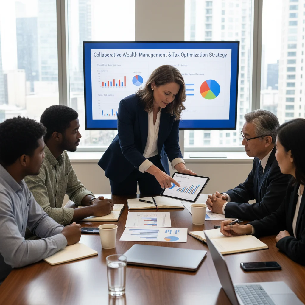 Financial advisor explaining tax optimization strategies to a diverse group of clients.