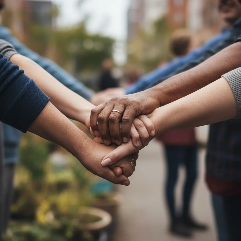 Hands clasped in unity, symbolizing community collaboration