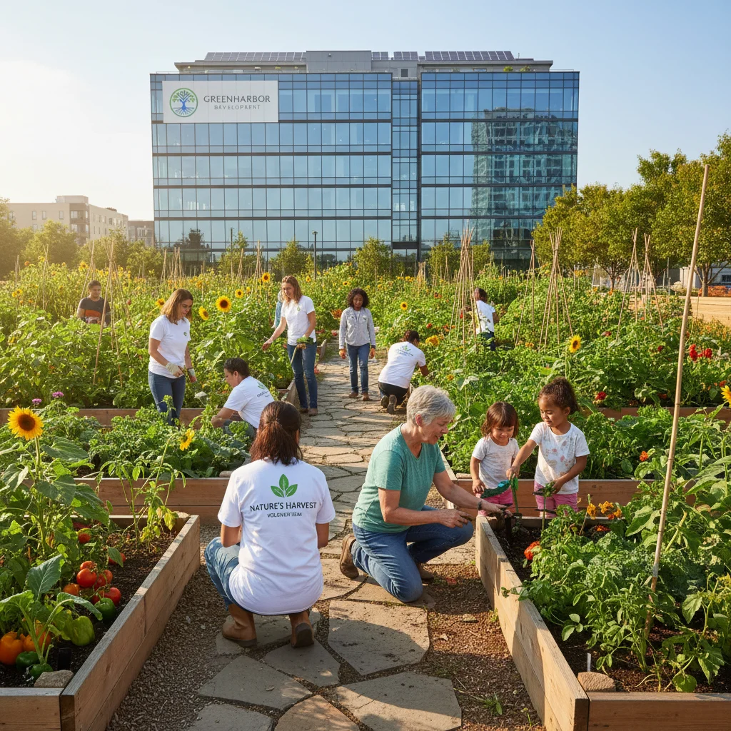 Community garden project supported by non-profit and business collaboration, volunteers working together