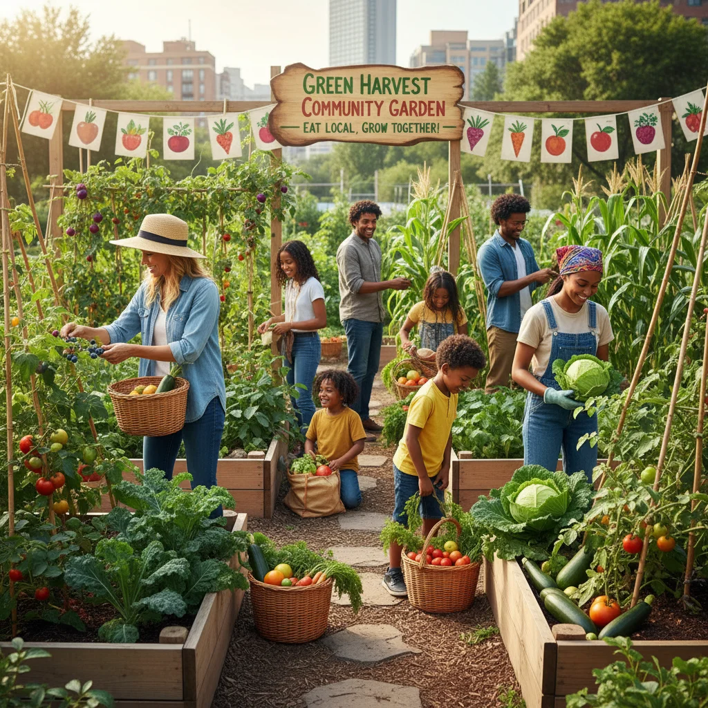 Community garden with diverse people harvesting fresh produce