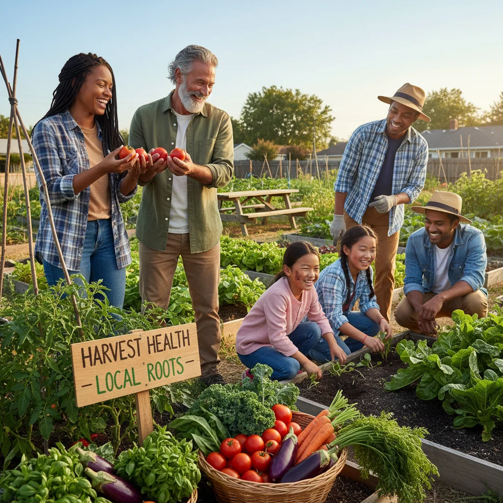 Community members collaborating in a vibrant garden for local health initiatives.
