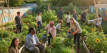Diverse community members building a green garden for social impact