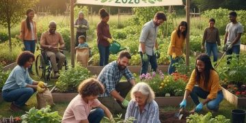 Diverse community members engaged in a collaborative gardening project, symbolizing resilient community building