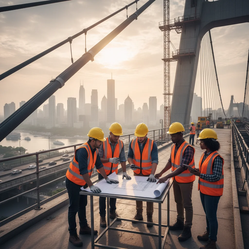 Diverse construction workers collaborating on a bridge project, symbolizing job creation