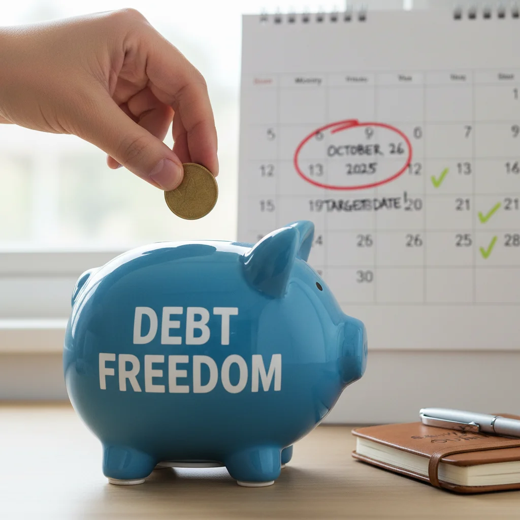 Coins going into a 'Debt Freedom' piggy bank, symbolizing progress.
