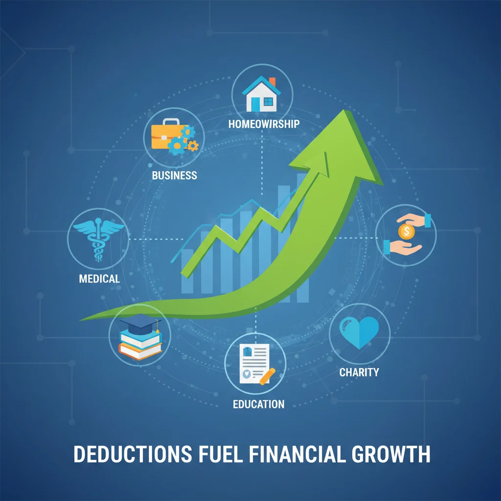 Financial growth chart with icons for various tax deductions