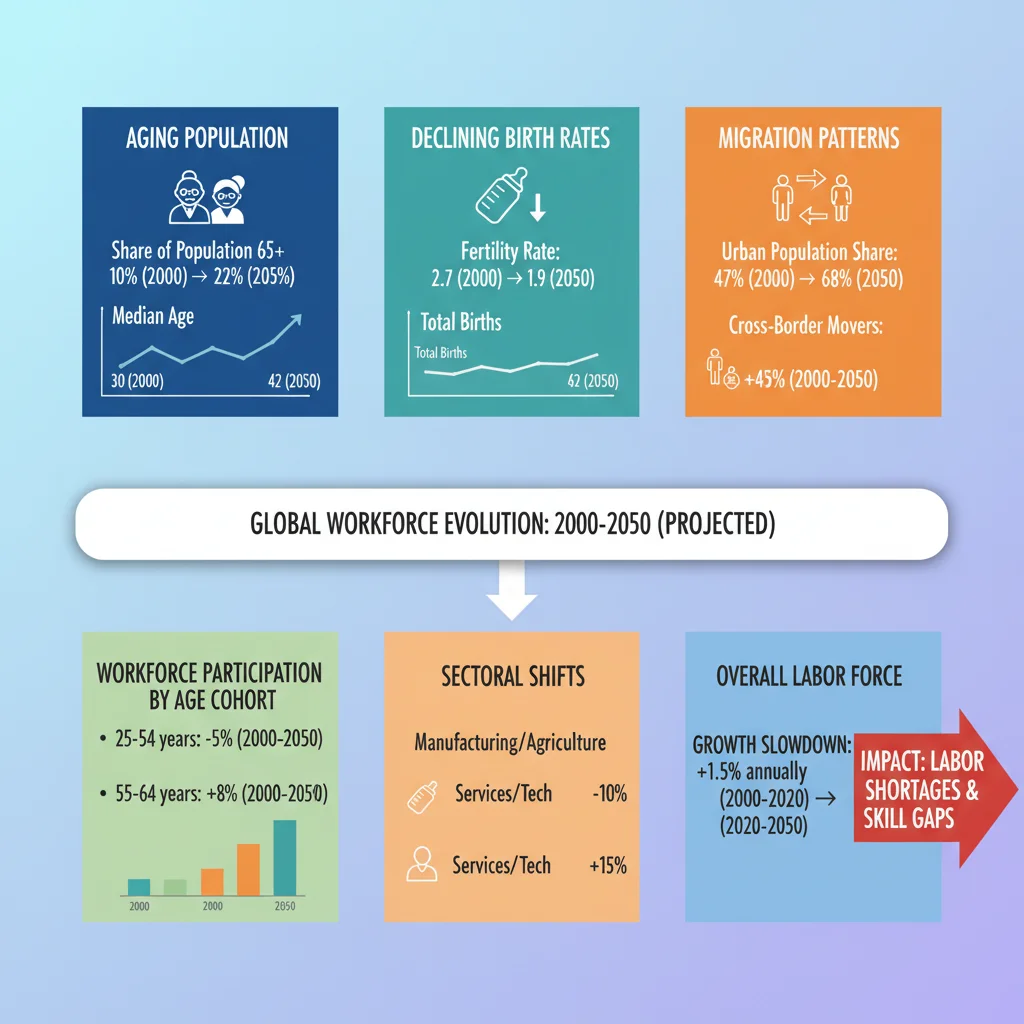 Infographic illustrating demographic shifts impacting workforce participation rates by 2026, showing age groups and sector changes.