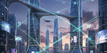 Futuristic city skyline symbolizing digital economy growth and interconnectedness