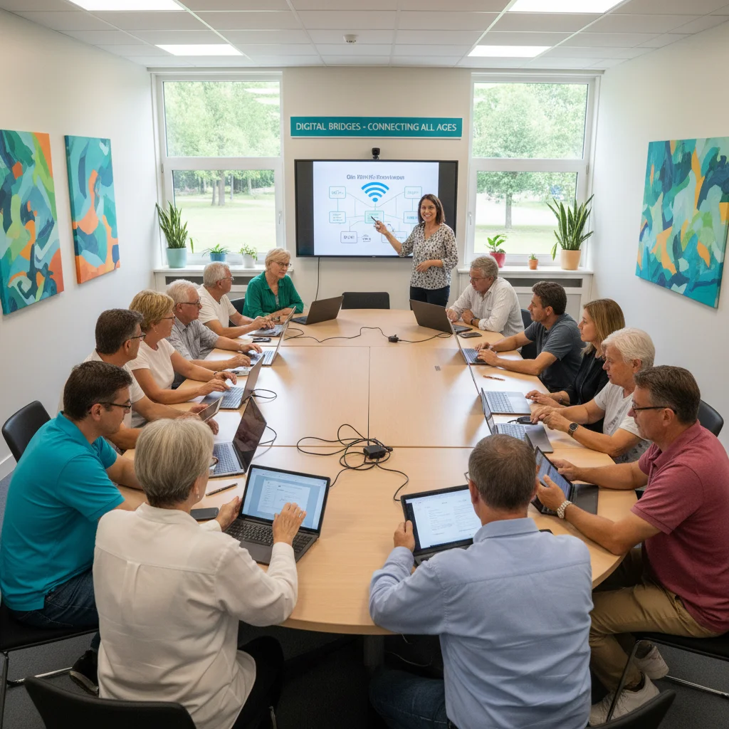 Community members learning digital skills in a modern workshop setting.