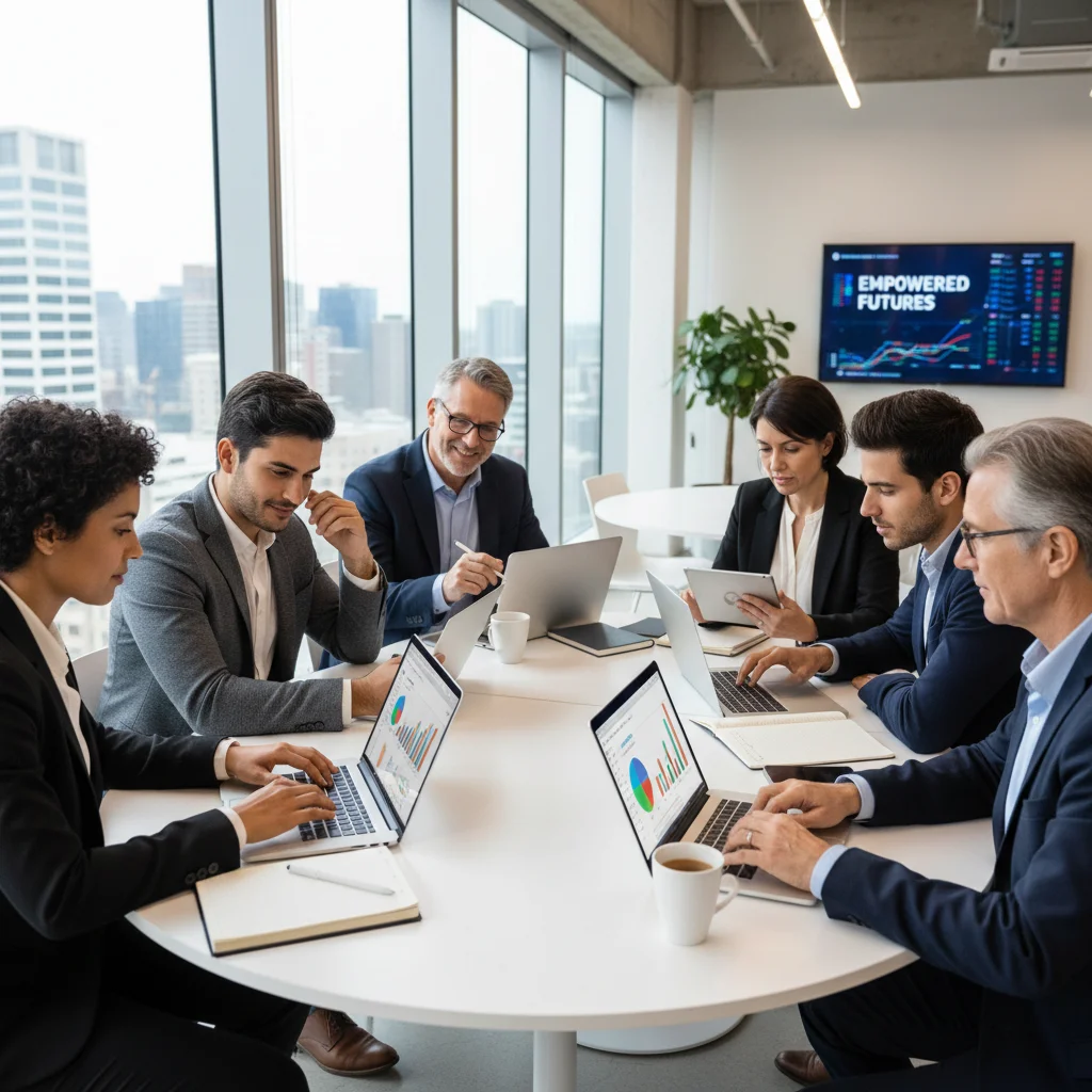 Diverse individuals reviewing investment portfolios on laptops, representing active financial planning.