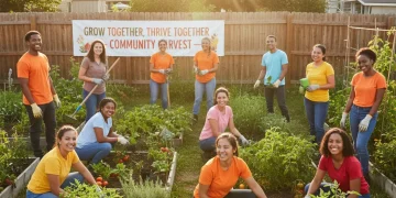 Diverse volunteers working together in a community garden, symbolizing increased social impact.