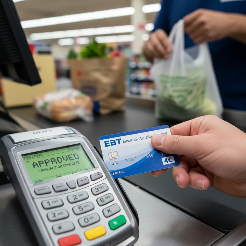 Close-up of EBT card transaction at checkout