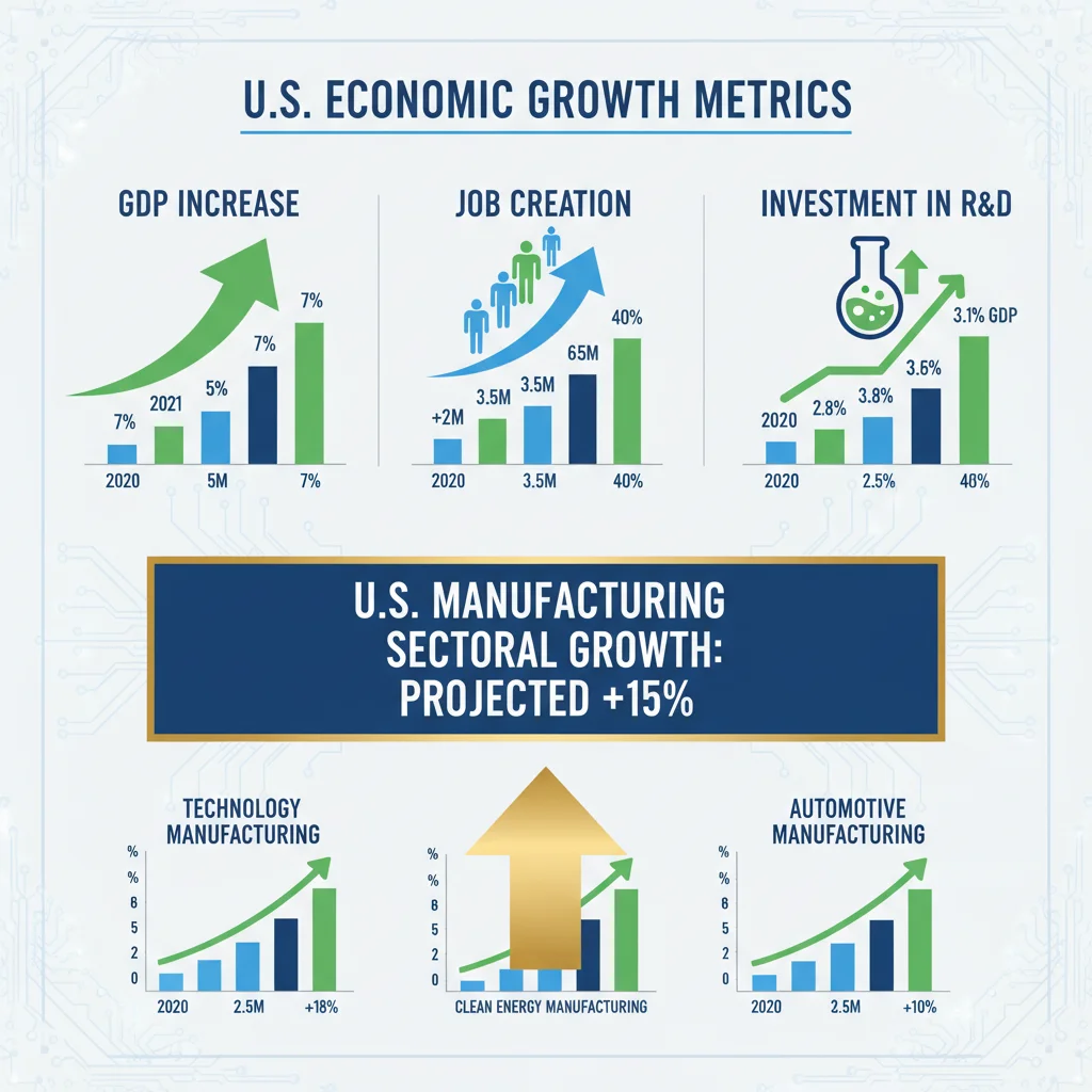 Infographic detailing economic growth metrics, including 15% US manufacturing sector growth, job creation, and R&D investment.