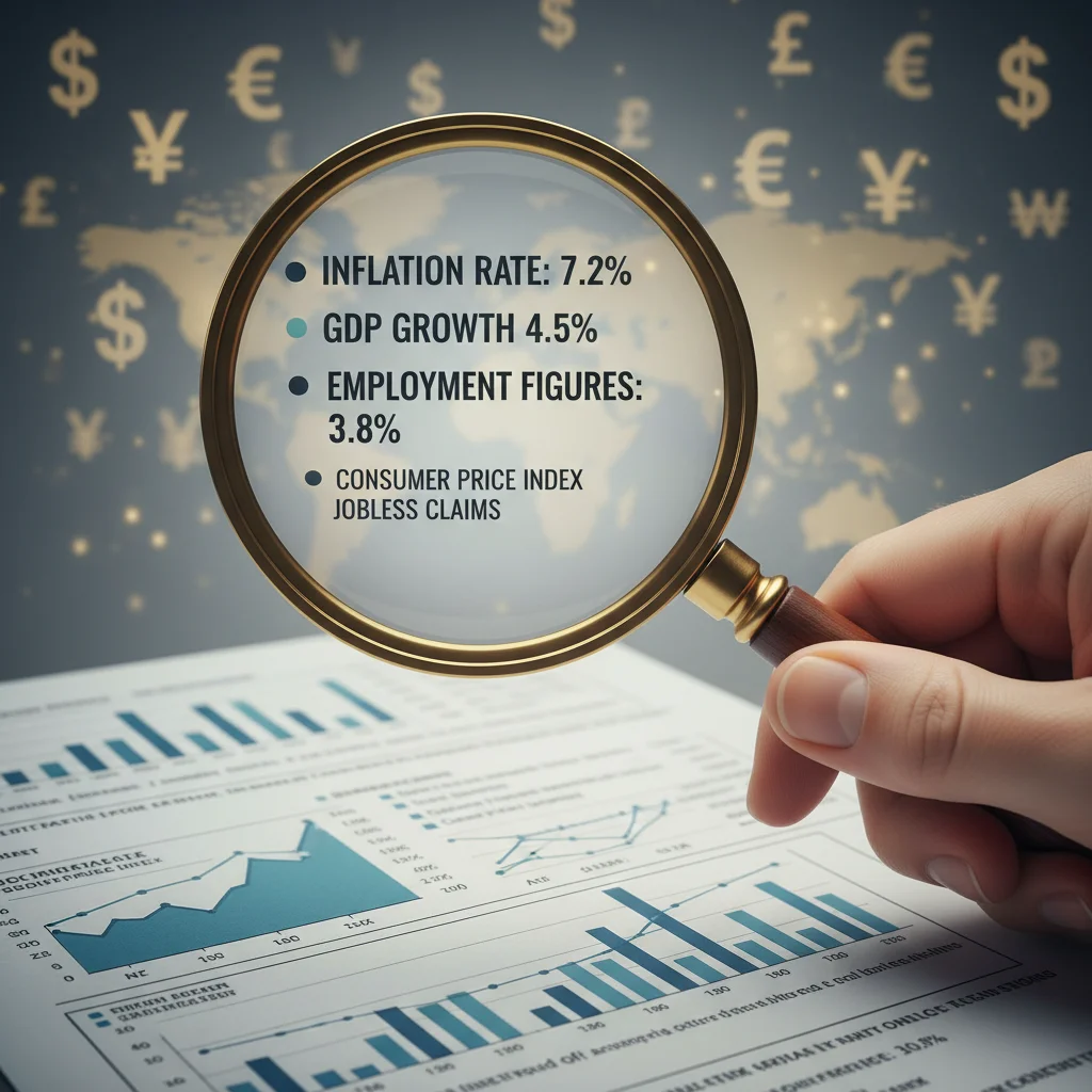Magnifying glass examining financial report with inflation, GDP, and employment data, highlighting Fed economic analysis.