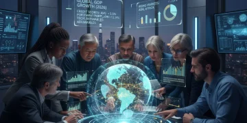 Economic Outlook 2026: Personal Financial Planning for Risk Mitigation People analyzing global economic data for 2026, focusing on financial planning and risk mitigation.