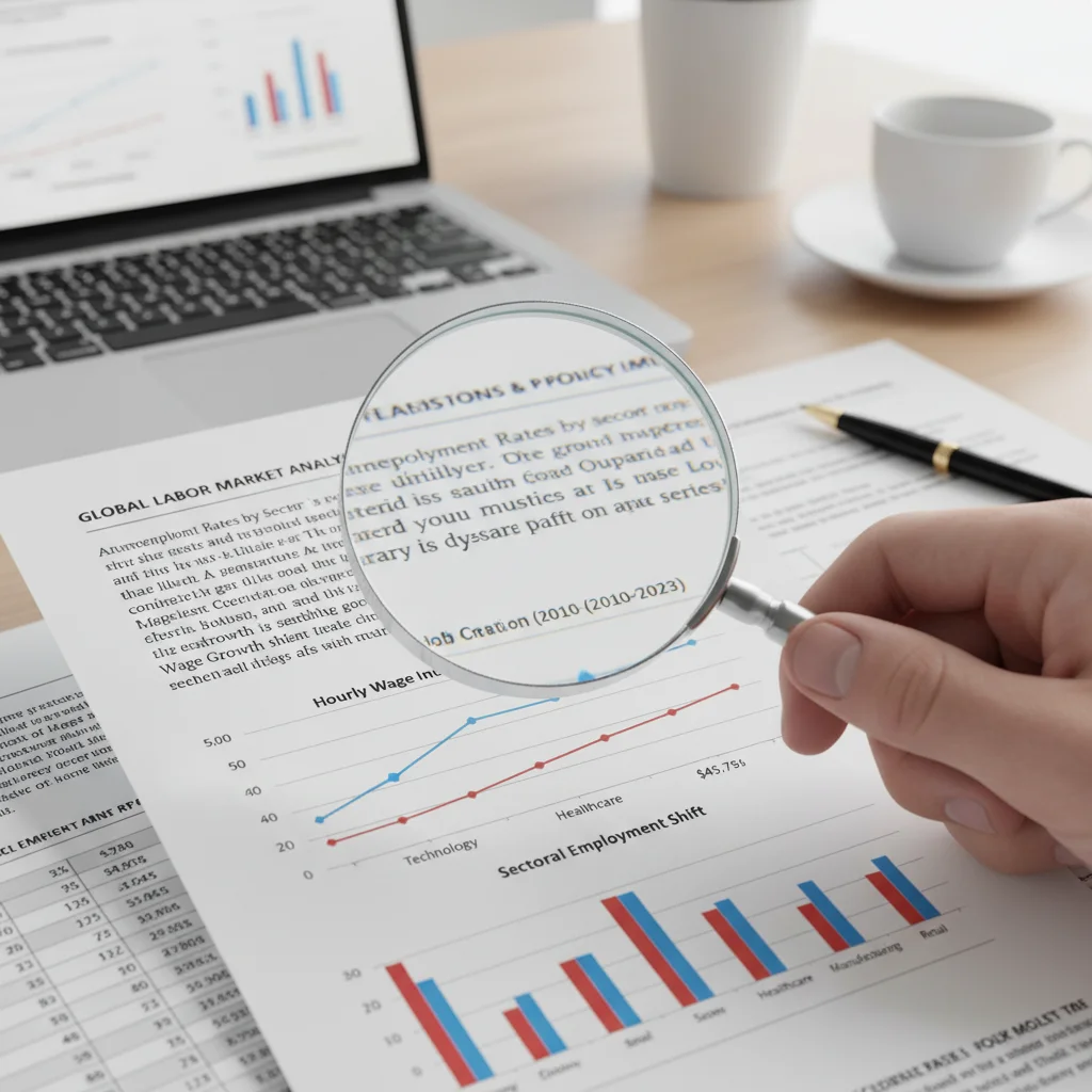 Hand with magnifying glass analyzing detailed economic report and labor market data