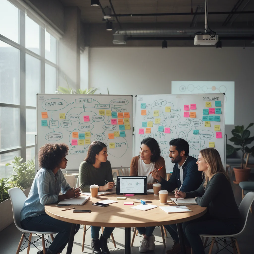 Diverse entrepreneurs collaborating on social impact ideas in a modern co-working space.