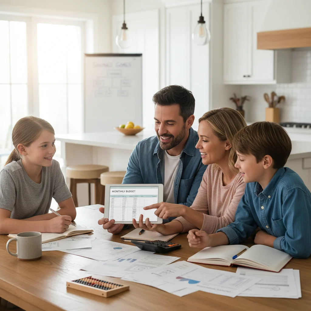 Family reviewing budget and financial plans together at a kitchen table.