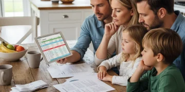 Child Care Subsidies 2026: Maximizing Eligibility for Federal Programs - 20% Income Boost Potential Family reviewing financial documents and a tablet to determine eligibility for child care subsidies.