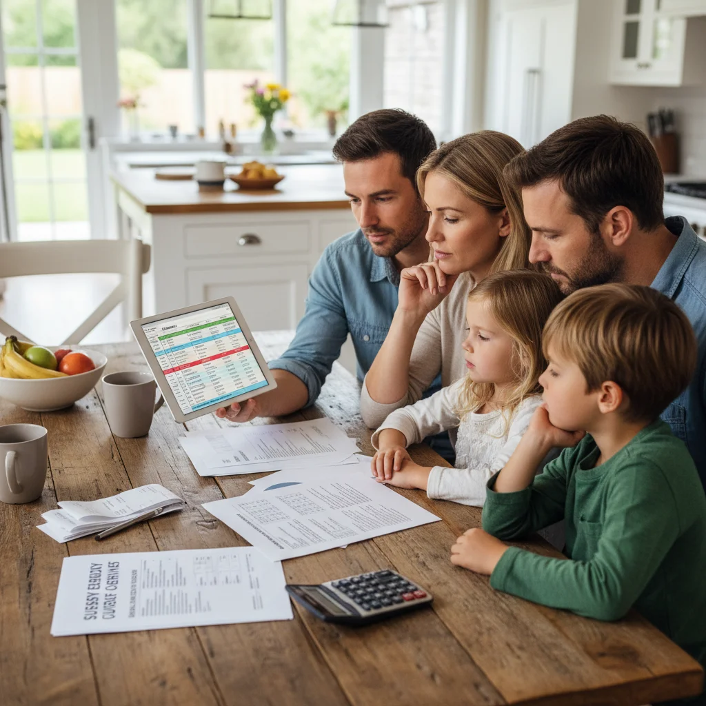 Family reviewing financial documents and a tablet to determine eligibility for child care subsidies.