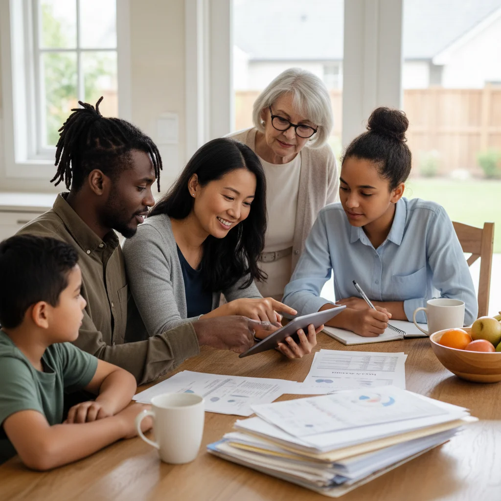 Family reviewing mortgage documents and discussing refinancing options at home.