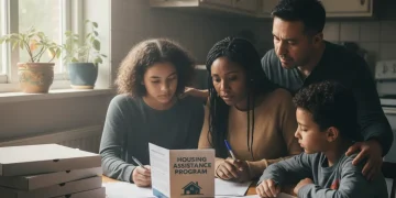 Family reviewing emergency rental assistance documents