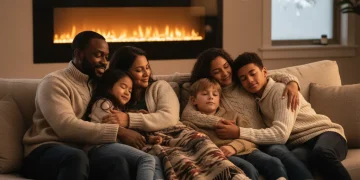 Family staying warm at home with energy assistance