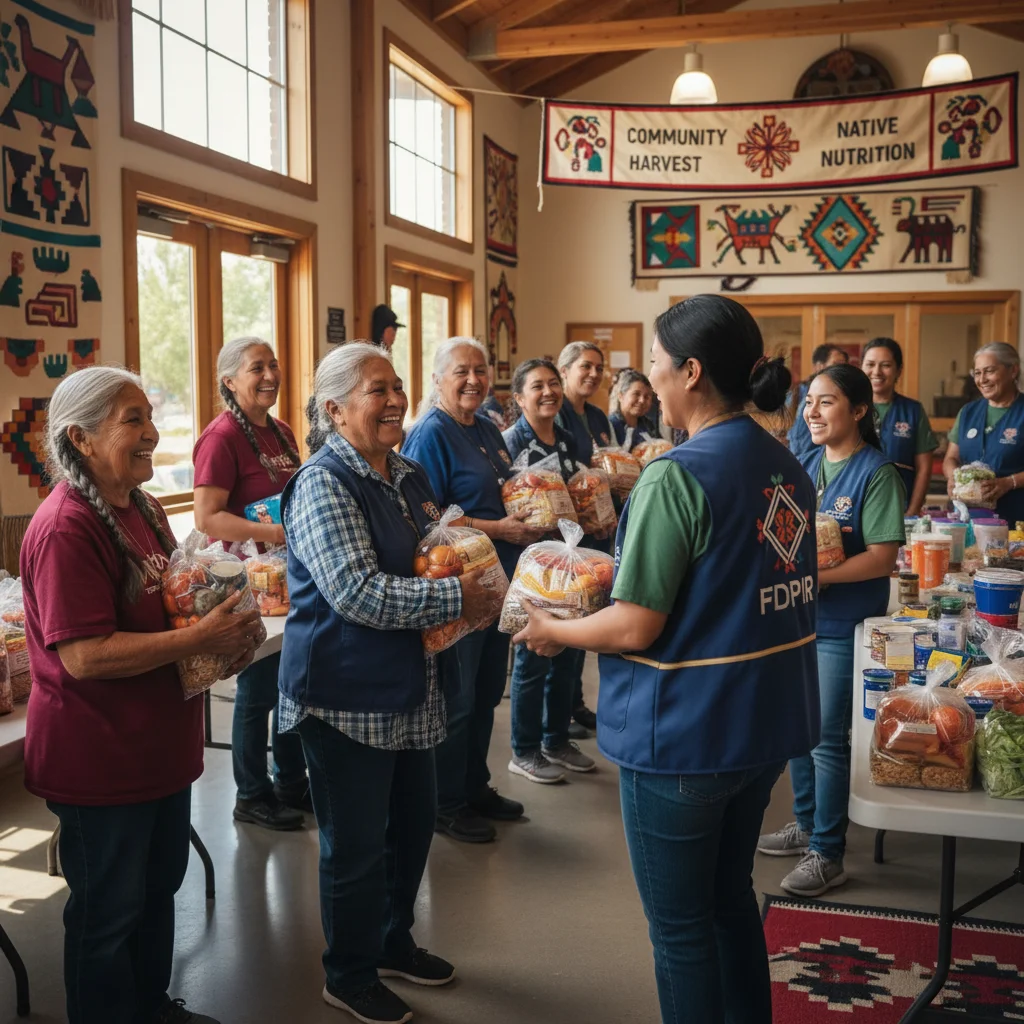 Native American community receiving FDPIR food packages with smiles and gratitude.
