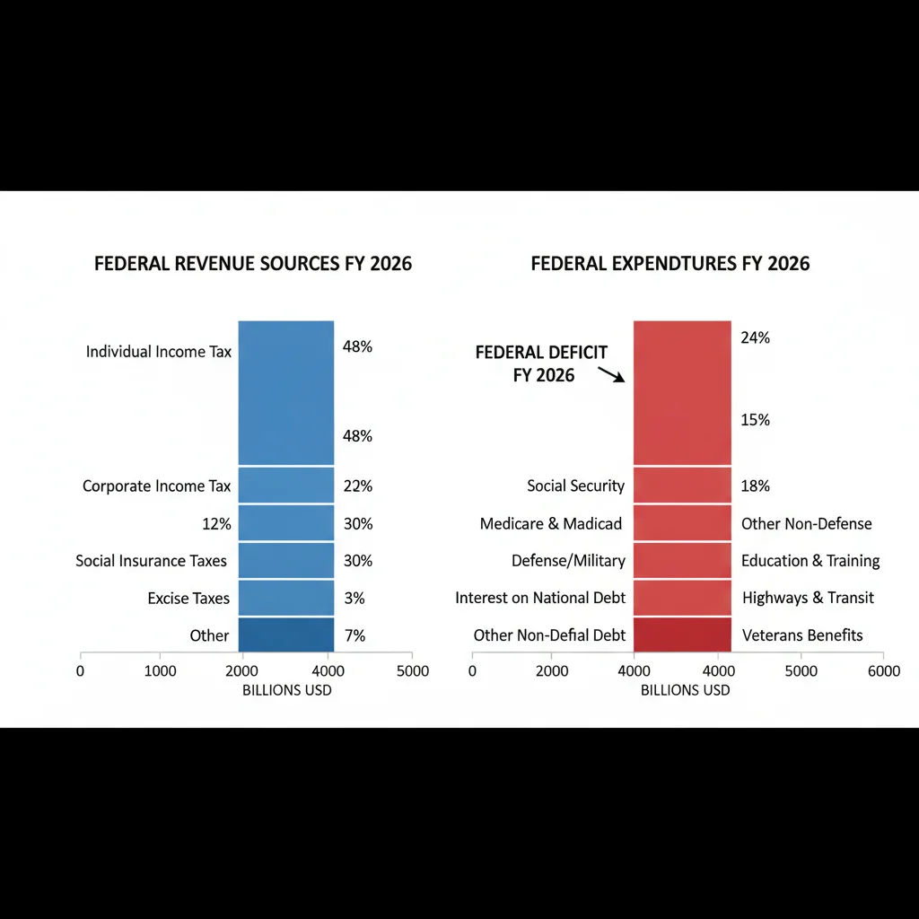Bar chart visualizing 2026 federal government revenue and expenditure breakdown