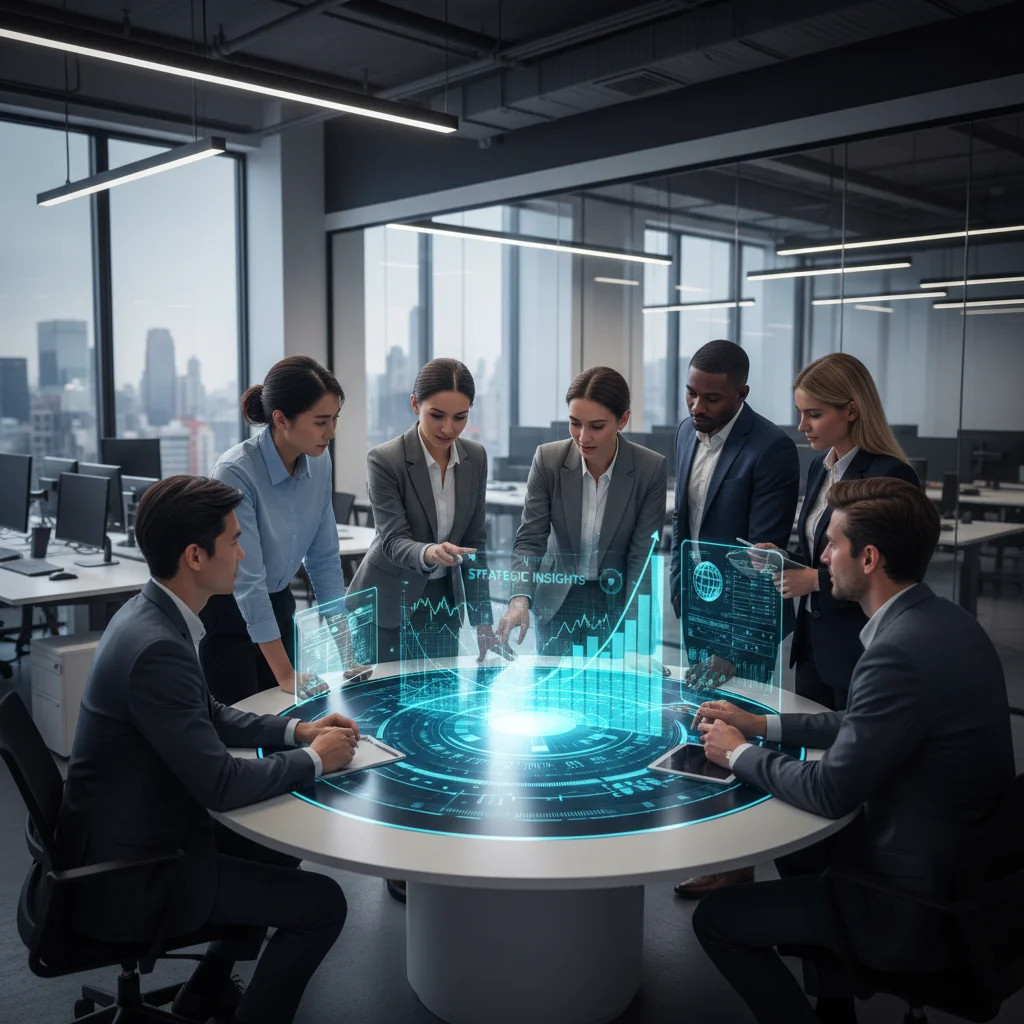 Finance professionals collaborating with holographic data, showcasing innovation in financial services.