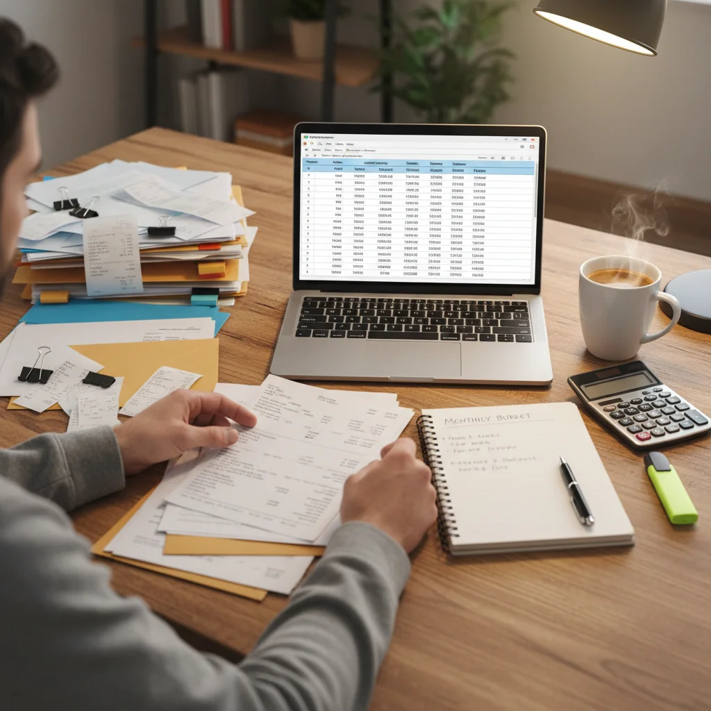 Organized desk with financial documents and budget spreadsheet