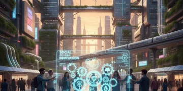 Futuristic cityscape with diverse people collaborating on a holographic display, symbolizing social innovation and impact.