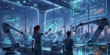 Robotics and human collaboration in a futuristic manufacturing setting, symbolizing the future of work.