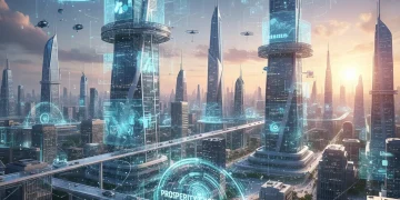 Futuristic cityscape with data streams symbolizing technological advancements driving economic growth.