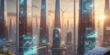 Climate Policies 2026: $500 Billion Investment & Economic Impact Futuristic city with green energy infrastructure, representing climate policy investments and economic growth.