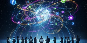 Futuristic social media landscape showing interconnected digital communities and data in 2026.