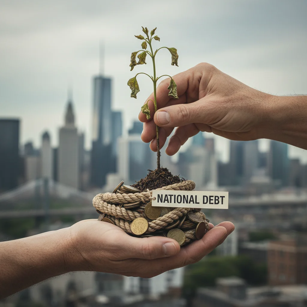 Symbolic image of older generation passing financial burden to younger generation