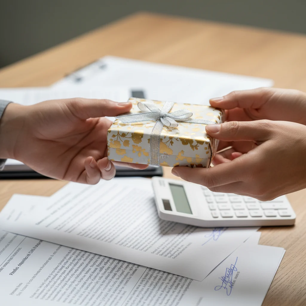 Symbolic image of a gift exchange with financial planning elements