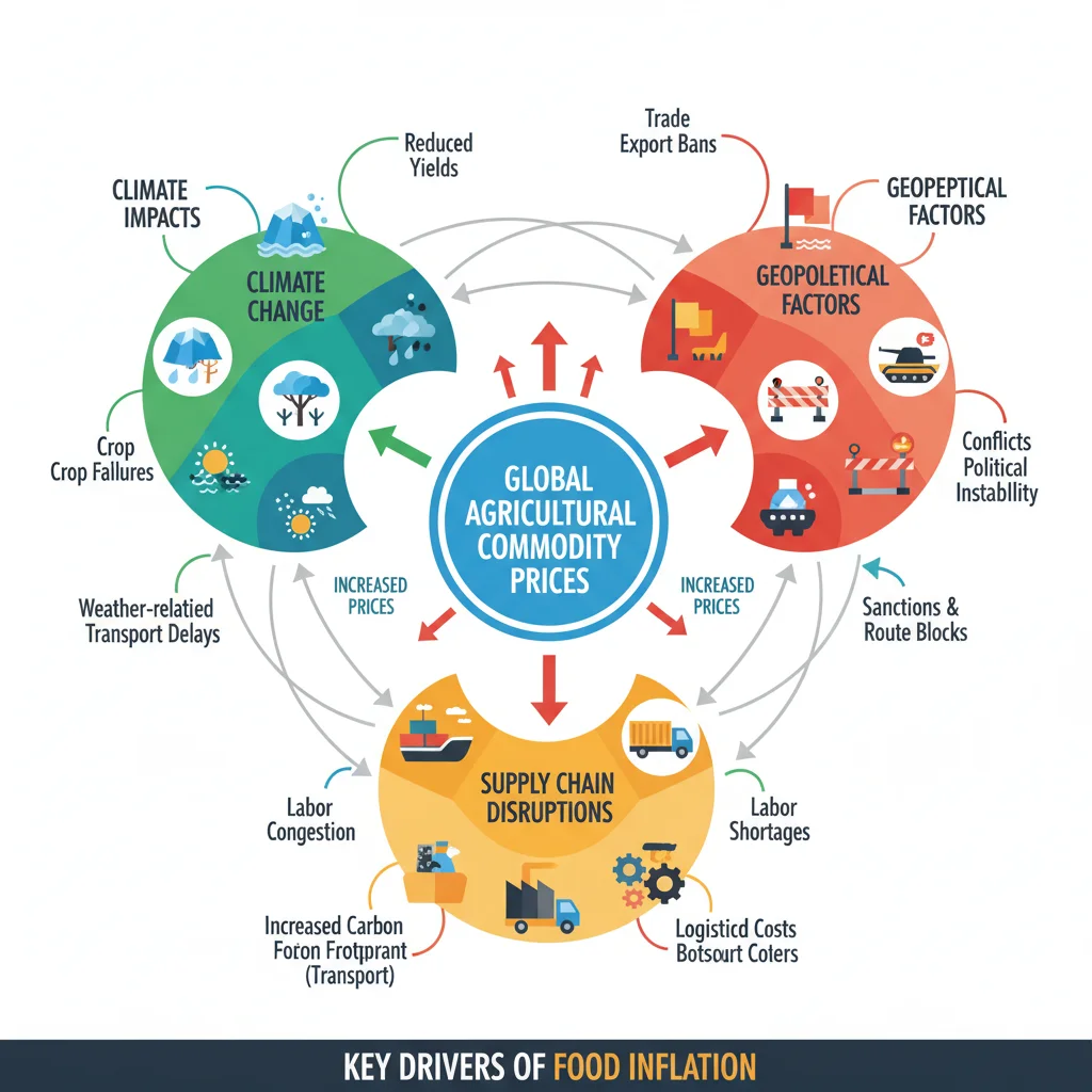 Infographic showing global factors influencing agricultural commodity prices, including supply chains and climate.